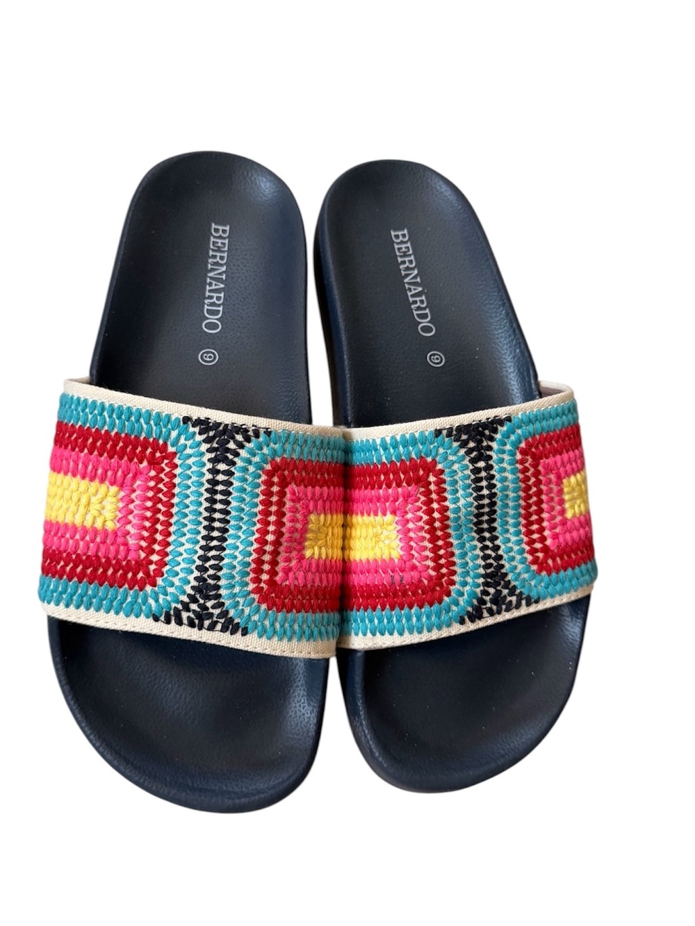 Bernardo Womens Navy Blue Slide Sandals with Multicolor Woven Strap